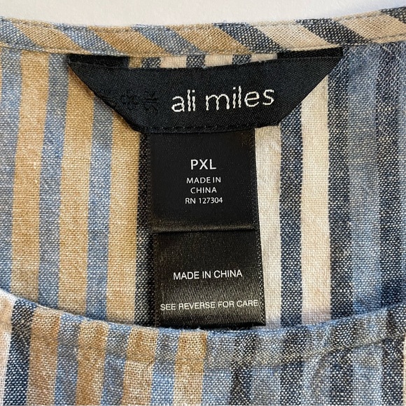 Ali Miles Asymmetrical Linen Blend Tunic Blouse Blue/Tan Striped Size PXL - Picture 9 of 11